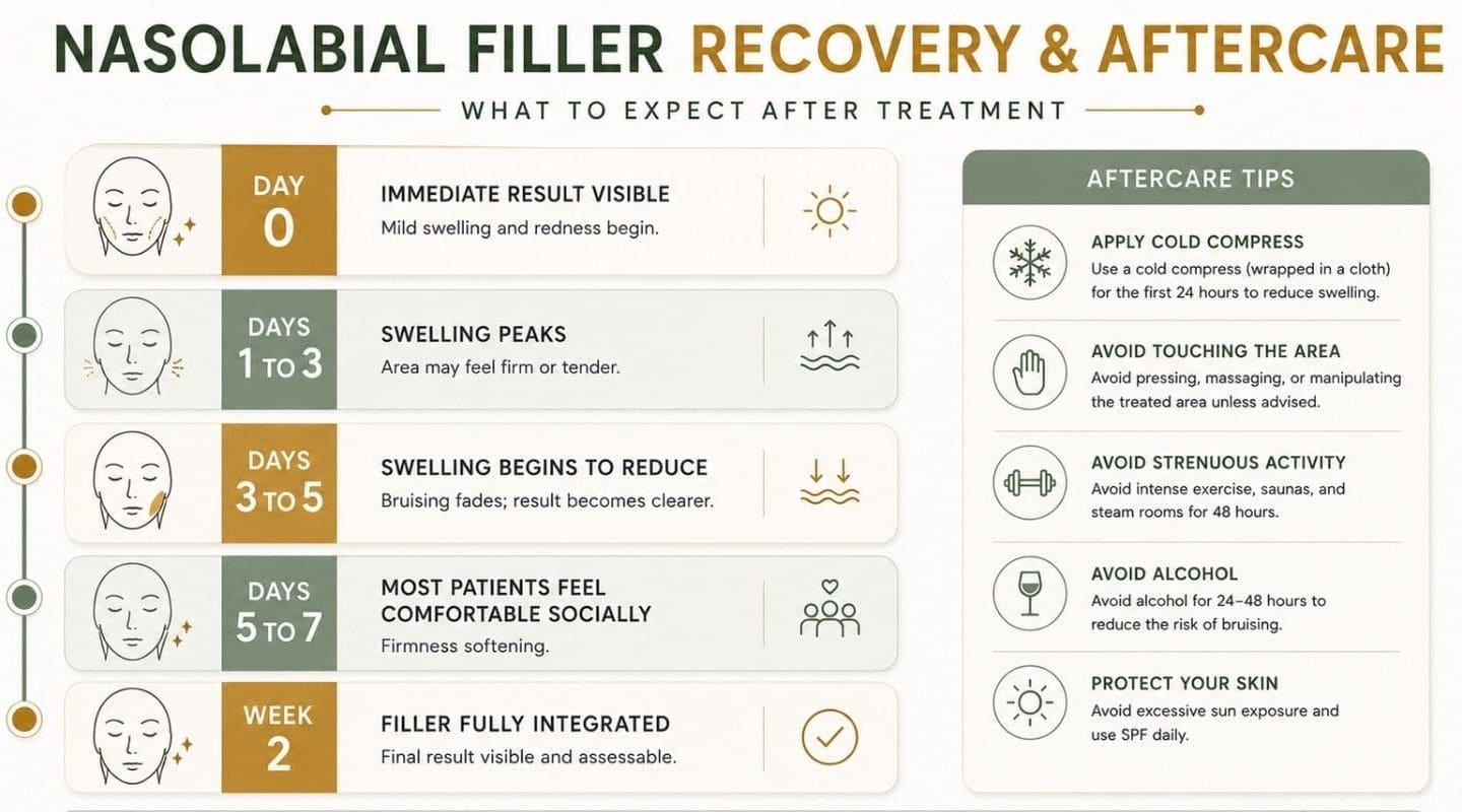 Infographic explaining Nasolabial Filler Recovery and Aftercare - Dr Hass Clinic